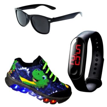 Imagem de Kit Tênis De Led Infantil Menino Masculino Dinossauro + Relógio + Óculos, Tamanho 25
