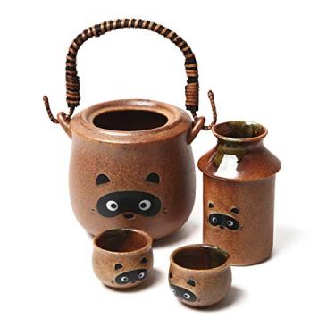 Imagem de Conjunto de cerâmica tradicional japonesa – Conjunto de saquê de cerâmica requintado – Conjunto de saquê japonês – Cerâmica japonesa Mino Ware – Conjunto de saquê Tanuki guaxinim com aquecedor, saquê