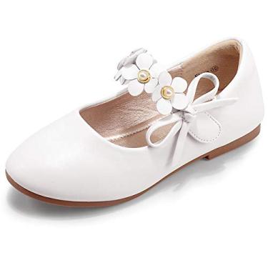 Imagem de Pandaninjia Vestido floral infantil para meninas Sapatilhas pérolas laço flor menina bailarina plana Mary Jane, Flora White Pu, 13 Little Kid