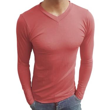 Imagem de Camiseta Masculina Gola V Rasa Manga Longa cor:laranja-terracota;tamanho:p