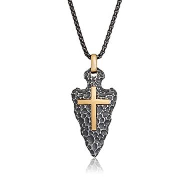 Imagem de Metro Jewelry Colar com pingente de cruz de ponta de flecha de aço inoxidável de dois tons para homens com revestimento iônico preto e dourado em corrente de caixa de 61 cm de comprimento, Metal, Sem pedra preciosa