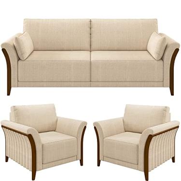 Imagem de Kit Sofá 02 Lugares Sala Estar 162cm Com 02 Poltronas Stefan Pés Madeira M03 Linho Bege - Lyam Decor