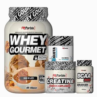 Imagem de Whey Protein Gourmet Pote 907g + Creatina 300g + Glutamina 150g + BCAA 100 caps - FN Forbis Nutrition (Doce de Leite)