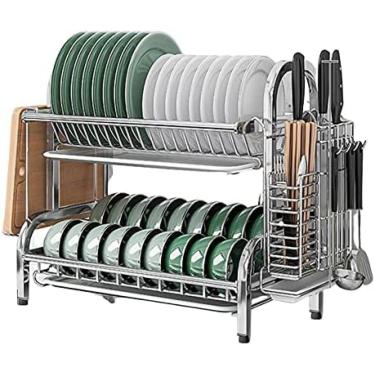 Imagem de Rack De Secagem De Pratos, Rack De Pratos De 2 Camadas, Escorredores De Pratos Com Bandejas Coletoras, Porta-talheres, Porta-copos, Suporte Para Placa De Corte E Mini Tábua De Drenagem, Escorredor