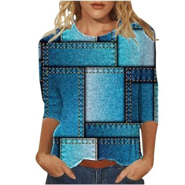 Imagem de Blusa feminina moderna de mangas 3/4 vintage xadrez xadrez casual gola redonda blusa leve 2024 moda túnica tops, Azul, XXG