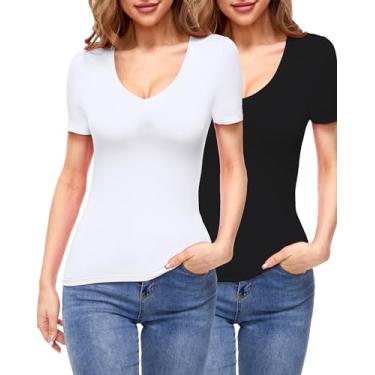 Imagem de Urvicor Camisetas femininas de malha elástica com gola V e manga curta, pacote com 2, Preto + branco, M