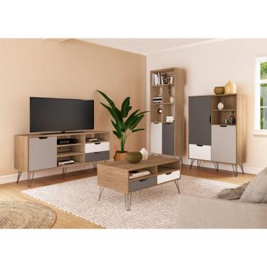 Imagem de Conjunto de Sala de Estar Estocolmo com Rack 1 PT 2 GV, Adega 2 PT 1 GV, Mesa de Centro 2 GV e Estante 2 PT Carvalho e Cinza