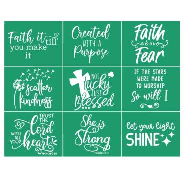 Imagem de JAJADO Estêncil cristão reutilizável, estêncil religioso para serigrafia, frase motivacional, fé, adesivo, transferências de giz para artesanato em camiseta/placa de madeira/vidro/decoração de parede de escritório doméstico