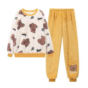 Imagem de LUBOSE Pijama feminino de lã dupla face, pijama quente, adorável pijama macio e confortável de inverno, pijamas femininos roupas de casa (P, urso amarelo)