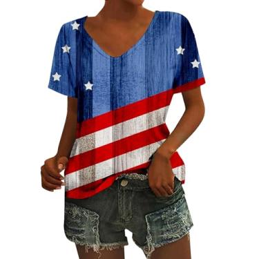 Imagem de Camiseta feminina Independence Day com estampa da bandeira dos EUA 4 de julho, gola V, manga curta, túnica, Azul claro, XXG