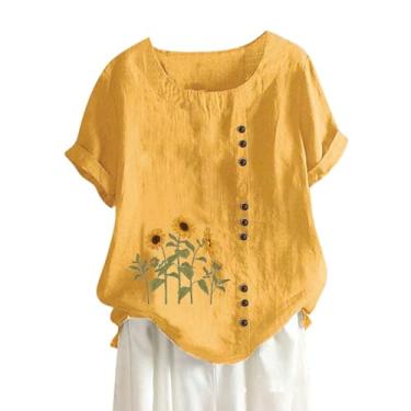 Imagem de Camisetas femininas de linho de manga curta, gola redonda, blusas soltas, casuais, leves, modernas, de verão, Amarelo, XG