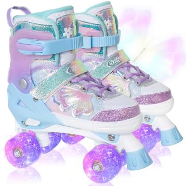 Imagem de Patins infantis para meninas e meninos - roxo para adolescentes de 10 a 11 e 12 anos - Rodas ajustáveis com luzes borboleta e flor, presente de aniversário para filho e neto