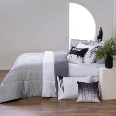 Imagem de Edredom Queen 400 Fios Dupla Face Hipoalergênico Antiácaro Kit/Jogo 7 Peças Linho (Cinza com Branco, Casal Queen)