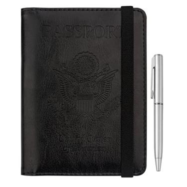 Imagem de WALNEW Suporte de passaporte para viagem, carteira de passaporte RFID para mulheres e homens, capa de couro PU para passaporte, porta-cartões com caneta, itens essenciais de viagem para voar, A -