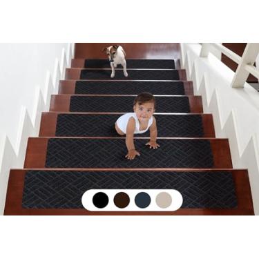 Imagem de Tapete antiderrapante de 76 cm x 20 cm para escadas - 15 peças de degraus pré-cortados para degraus de madeira - Descasque e cole escada reutilizável - suporte de TPE - Tapete de escada de segurança