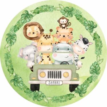 Imagem de Painel de Lona Redondo Safari Cute Animais Verde Aquarela - Fabrika de