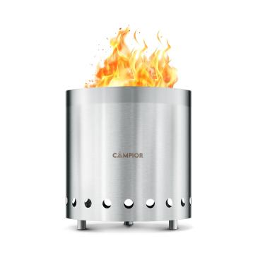 Imagem de CAMPIOR Fogão a lenha – Fogão ao ar livre sem fumaça para fogueira de madeira, acampamento, cozinha e reuniões de jardim, durável, aço inoxidável com bandeja de cinzas removível, com suporte e bolsa