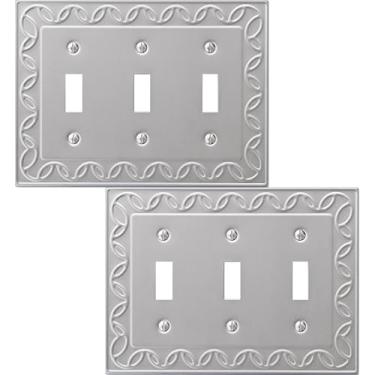 Imagem de OKAWYC Tampa de interruptor de luz tripla NovaBloom placa de parede de metal, pacote com 2 unidades de níquel escovado 3 Gang, capa decorativa para interruptor de luz, durável