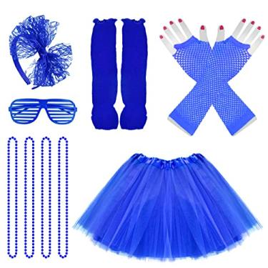 Imagem de jiebor Roupas de fantasia dos anos 80, acessórios para meninas, saia tutu, polainas, luvas arrastão e pulseiras, colar, obturador de vidro, Azul royal