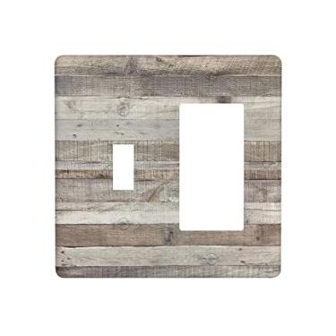 Imagem de Placa de parede com combinação de impressão de madeira vintage 2 Gang 1 interruptor 1 capa de interruptor de luz basculante cinza rústica, capas decorativas de casa de fazenda, 4,5 x 4,5 polegadas