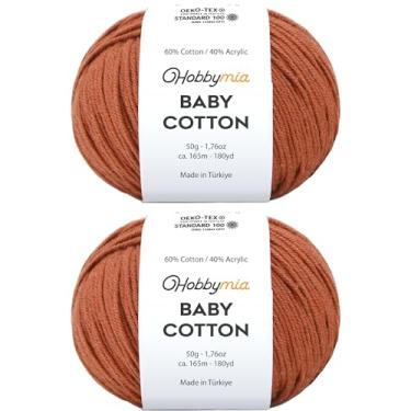 Imagem de HobbyMia Fio de algodão para bebês para crochê - 50 g / 180 m - (2) fio fino, peso esportivo - fio Amigurumi macio para linha de crochê - 60% algodão e 40% acrílico (Terra, 2 bolas)