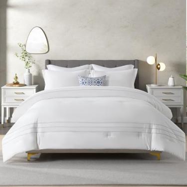 Imagem de Conjunto de edredom queen branco – conjunto de edredom leve de 3 peças de 100% algodão premium inclui 2 fronhas, capa de edredom de patchwork de cores contrastantes, roupa de cama macia e