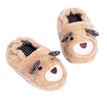 Imagem de Pantufas infantis para meninos com desenho animado fofos animais de pelúcia quente para uso doméstico, Bege, 11-12 Little Kid