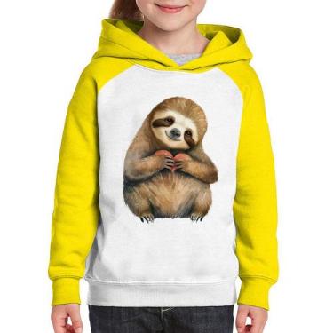 Imagem de Moletom Infantil Bicho Preguiça Coração - Foca na Moda, Branco, Amarel
