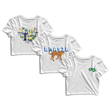 Imagem de Kit 3 Blusas Cropped Blusinha Camiseta Feminina Brasil Cristo Redentor