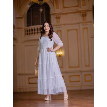 Imagem de Vestido Longo Tule Festa Casamento Decote Quadrado com Manga 3/4 - Fas