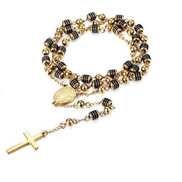 Imagem de Colar cristão católico preto prata aço inoxidável crucifixo religioso longo rosário, Aço inoxidável