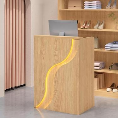 Imagem de Mesa de recepção moderna com balcão, mesa de recepção com luzes LED, balcão de recepção de varejo com gavetas, mesa de boas-vindas moderna para saguão, escritório, salão de beleza, madeira, 80 cm