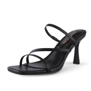 Imagem de Shoe'N Tale Sandálias de salto gatinho com tiras para mulheres stiletto mules bico aberto quadrado sem cadarço, Preto, 35