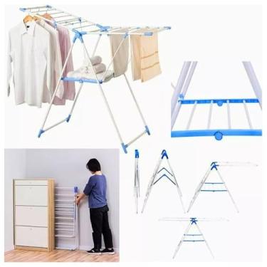 Imagem de Varal de Chão Dobrável Portátil Com Abas Roupas 3 andares Prata/Azul