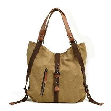 Imagem de Mochila feminina de lona para viagem, mochila escolar, sacolas de compras, bolsa de ombro sólida, bolsas de mão(Khaki)