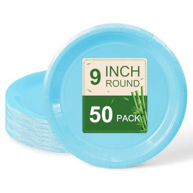 Imagem de LIKAJON 50 peças de pratos de papel azul claro, pratos de sobremesa descartáveis de 22 cm para dia dos namorados, festa de chá, chá de bebê, aniversário, casamento, formatura, piquenique, churrasco