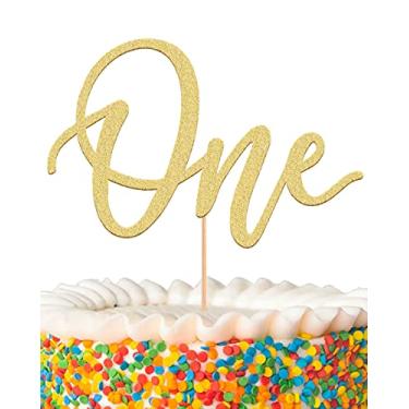 Imagem de MYAMPED Topper de bolo de primeiro aniversário - fonte de decoração de bolo de 1º aniversário dourada com glitter, adequado para lembrancinhas de chá de bebê, revelação de gênero de bebê, festa de