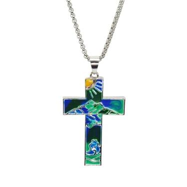 Imagem de Colar decorativo com pingente de cruz com design de esmalte azul e verde, corrente de prata, 45,7 cm, metal, sem pedra preciosa, 18inch, Metal, Sem Pedra Preciosa