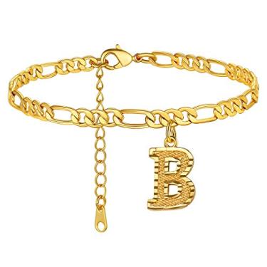 Imagem de Tornozeleiras GoldChic Jewelry com iniciais, personalizadas à prova d'água 4,5 mm de largura redimensionáveis 18K banhado a ouro corrente Figaro inicial letra tornozelo pulseiras para mulheres meninas joias de verão, 22-27 cm de comprimento