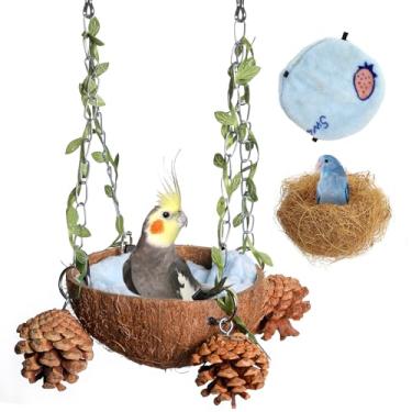 Imagem de PINVNBY Ninho de pássaro de casca de coco natural para gaiola, fibra de coco com almofada quente, brinquedos de balanço de pássaro para conure, periquito, calopsita, periquita, periquito, pombinho