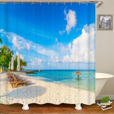Imagem de Cenário litorâneo Praia Banheiro Cortina de chuveiro Decoração para casa Cortina Anti-mofo Cortinas de chuveiro à prova d'água com gancho, DM4174, L120 x A180 cm