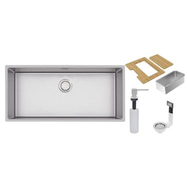 Imagem de Cuba Tramontina Design Collection Quadrum 90 Em Aço Inox Com Acabamento Scotch Brite Com Dosador De Sabão, Tábua E Cesto