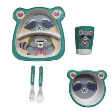 Imagem de Kit Alimentação Infantil Em Fibra De Bambu Prato Garfo Colher e Copo -