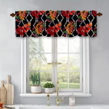 Imagem de Cortinas de cozinha com design vazado de folhas de bordo, painel superior preto e vermelho, com bolso para varão para banheiro, quarto, sala de estar, 137 x 45 cm, cortinas blackout