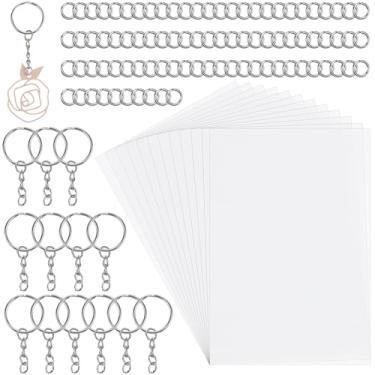Imagem de SOFPLATE Kit de 132 peças de folhas de plástico retrátil transparente 21 x 29 cm com chaveiro, chaveiros de papel de arte retrátil, suprimentos para bricolage, acessórios de artesanato, presentes para