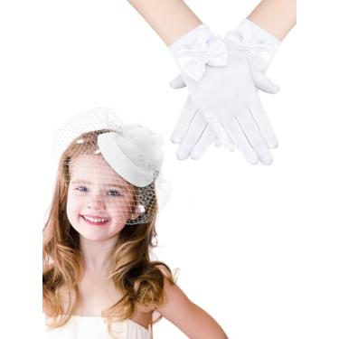 Imagem de JenPen 2 Pcs Girls Tea Party Fascinators Hats with Lace Gloves Funeral Veil Hat Gloves for Church Wedding Accessories(Mesh White)