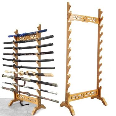 Imagem de Suporte de espada prateleira de exibição de espadas, suporte para espadas, suporte para katana, prateleira de exibição de espadas de madeira de 5 a 12 níveis, suporte para piso, ganchos para espada
