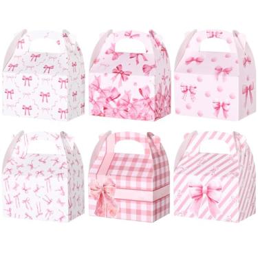 Imagem de MotiMind Pacote com 24 caixas de lembrancinhas de festa com laço rosa grande, 6 tipos de biscoitos, caixas de presente de papelão para sobremesa, despedida de solteira, noivado, aniversário, chá de