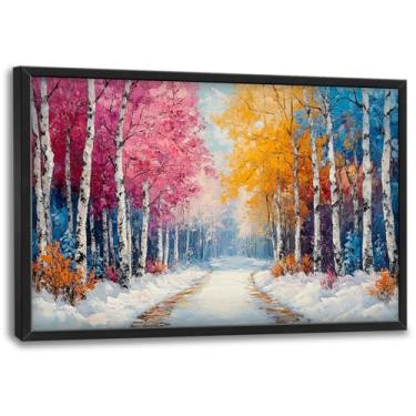 Imagem de Arte de parede de árvores de bétula floresta para sala de estar, tela de paisagem decoração de parede grande natureza moderna quadros emoldurados pintura impressão arte para quarto escritório 91 cm C