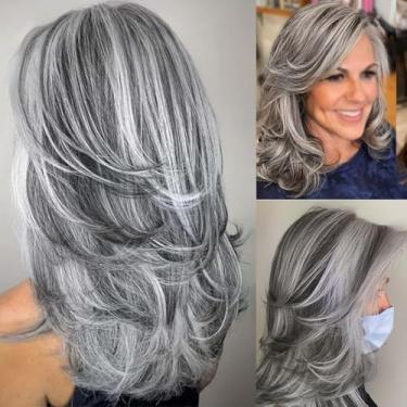 Imagem de MEDISIFA Cinza Branco Destaque Camadas Perucas Para Mulheres Cabelo Sintético Resistente Ao Calor Onda Natural Feminino Senhora Uso Diário Cosplay Fantasia Halloween Antigo (Cinza Acinzentado)